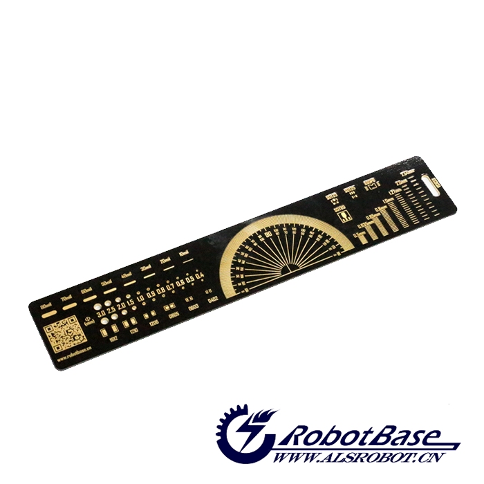 PCB直尺除了測量毫米和英寸尺寸的基本功能，它還集成了用于PCB設計的量角儀、器件、IC引腳間距對照表、電阻電容貼片封裝、常用的鉆孔直徑參考、線寬尺寸參考等功能。