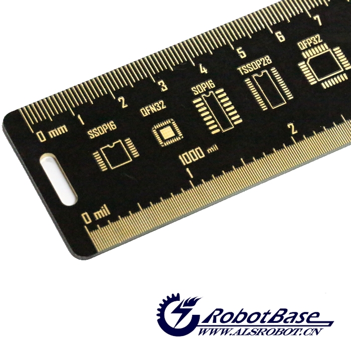 PCB直尺除了測量毫米和英寸尺寸的基本功能，它還集成了用于PCB設計的量角儀、器件、IC引腳間距對照表、電阻電容貼片封裝、常用的鉆孔直徑參考、線寬尺寸參考等功能。